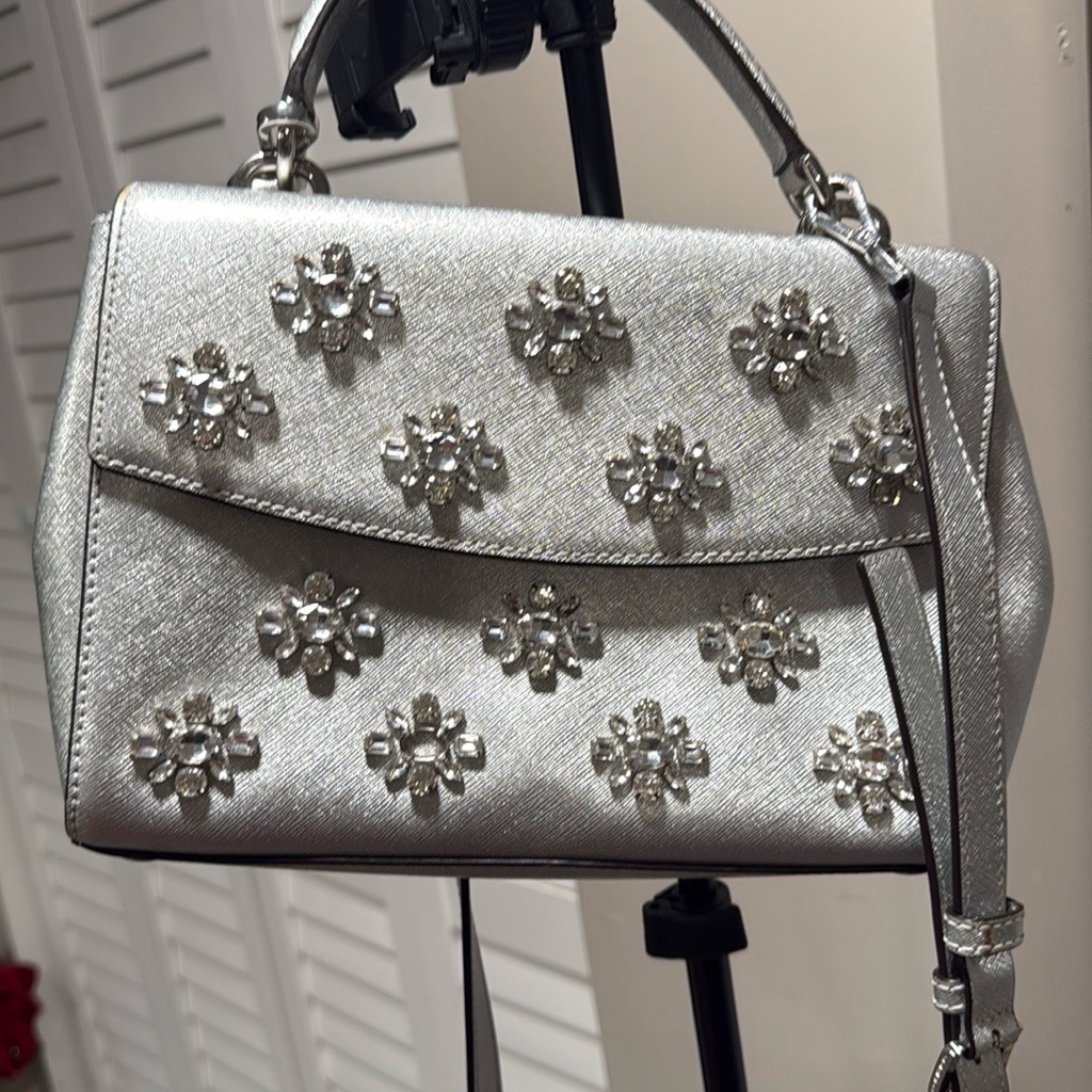 Michael Michael Kors Silver Satchel With Rhinestone Accents